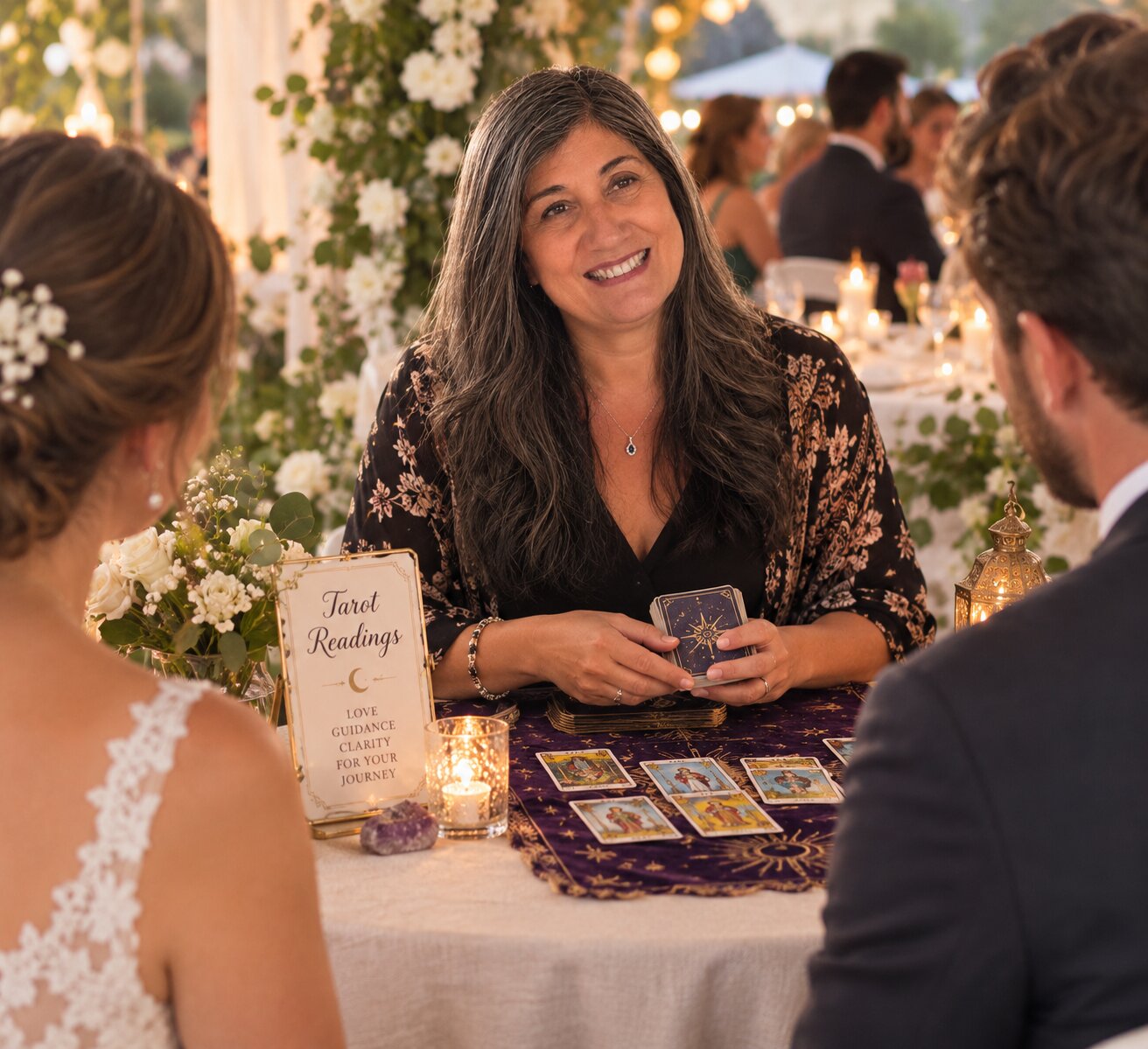 Fabiana Walsh giving a tarot reading to a bride and groom at a wedding reception